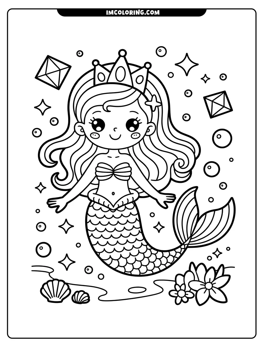Outline drawing of A cute chibi mermaid princess wearing a crown swimming under the sea with bubbles and sea shells
