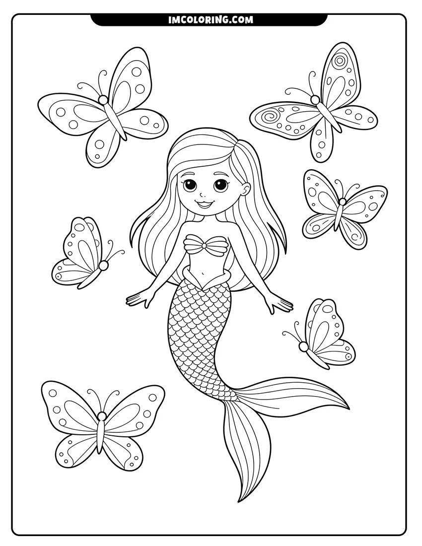 Printable line art of A happy little mermaid with long hair surrounded by six patterned butterflies in a clear underwater scene