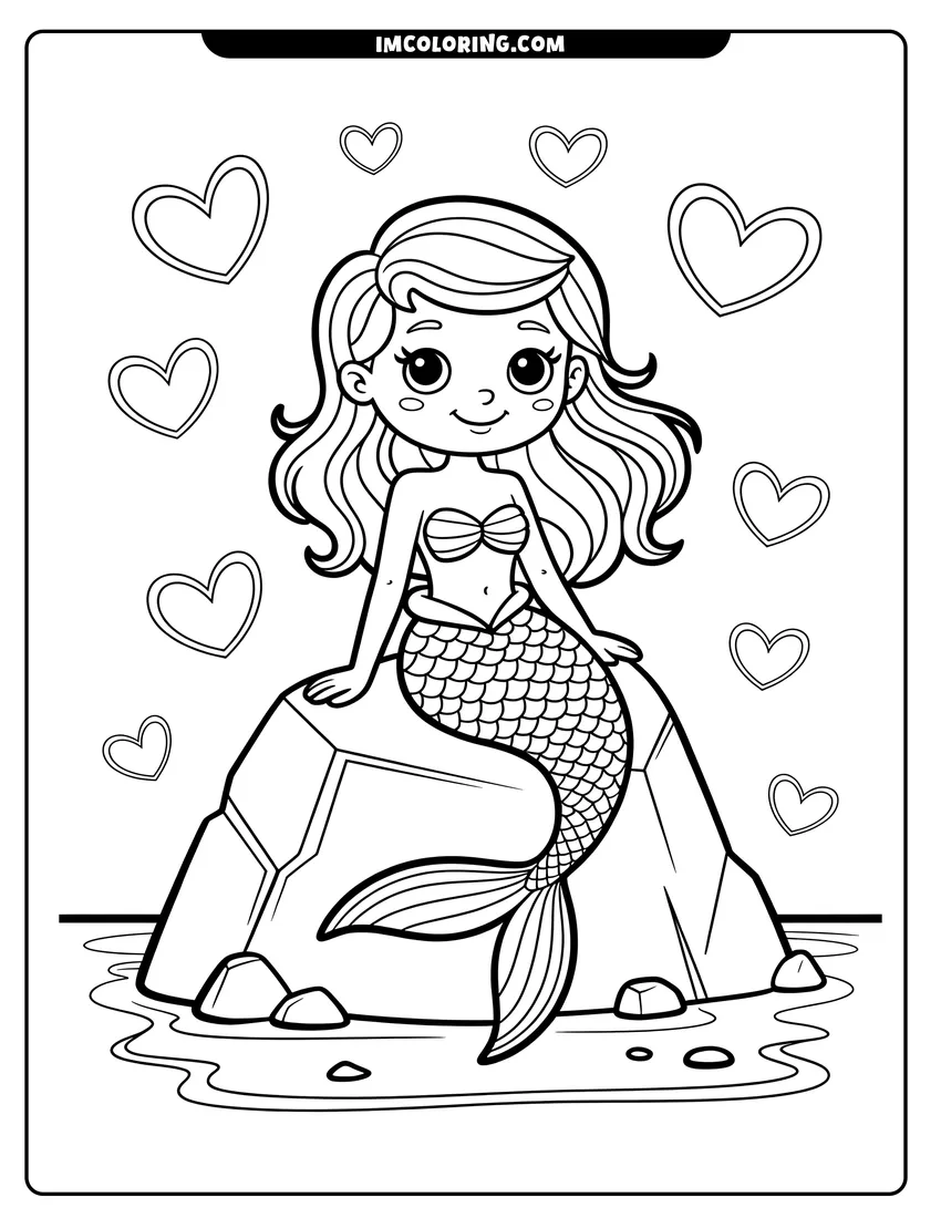 Simple sketch of A cute cartoon mermaid with long hair sitting on a rock surrounded by floating hearts to color