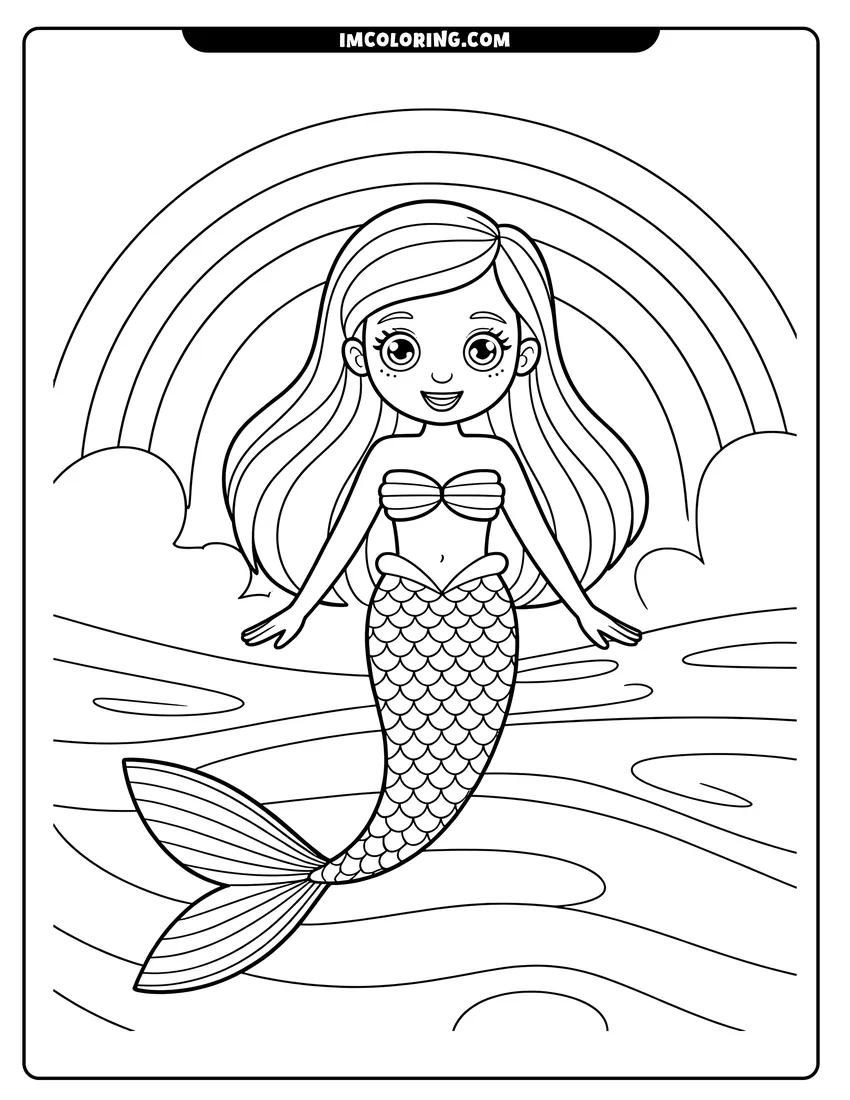 Vector style outline of A happy mermaid with long hair swimming in the ocean under a large rainbow and fluffy clouds