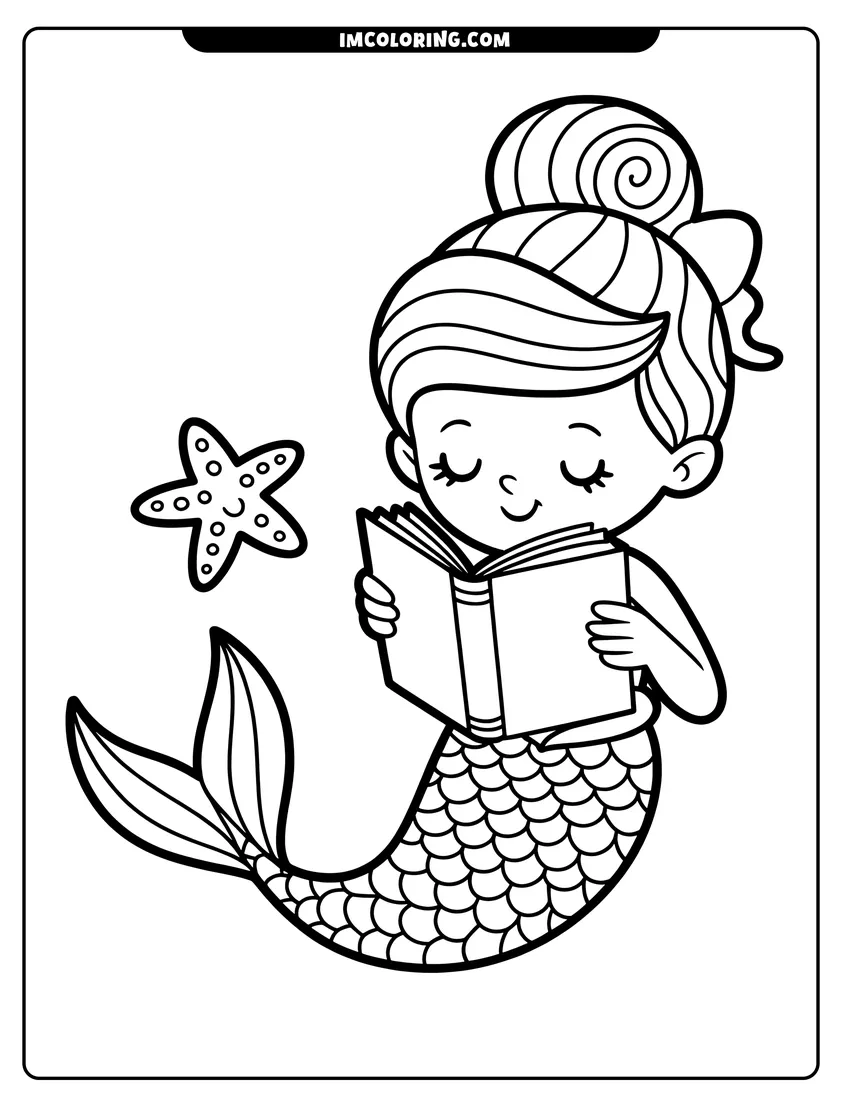 Vector style outline of A smiling cartoon mermaid with a bun hairstyle sits underwater reading a book next to a small starfish