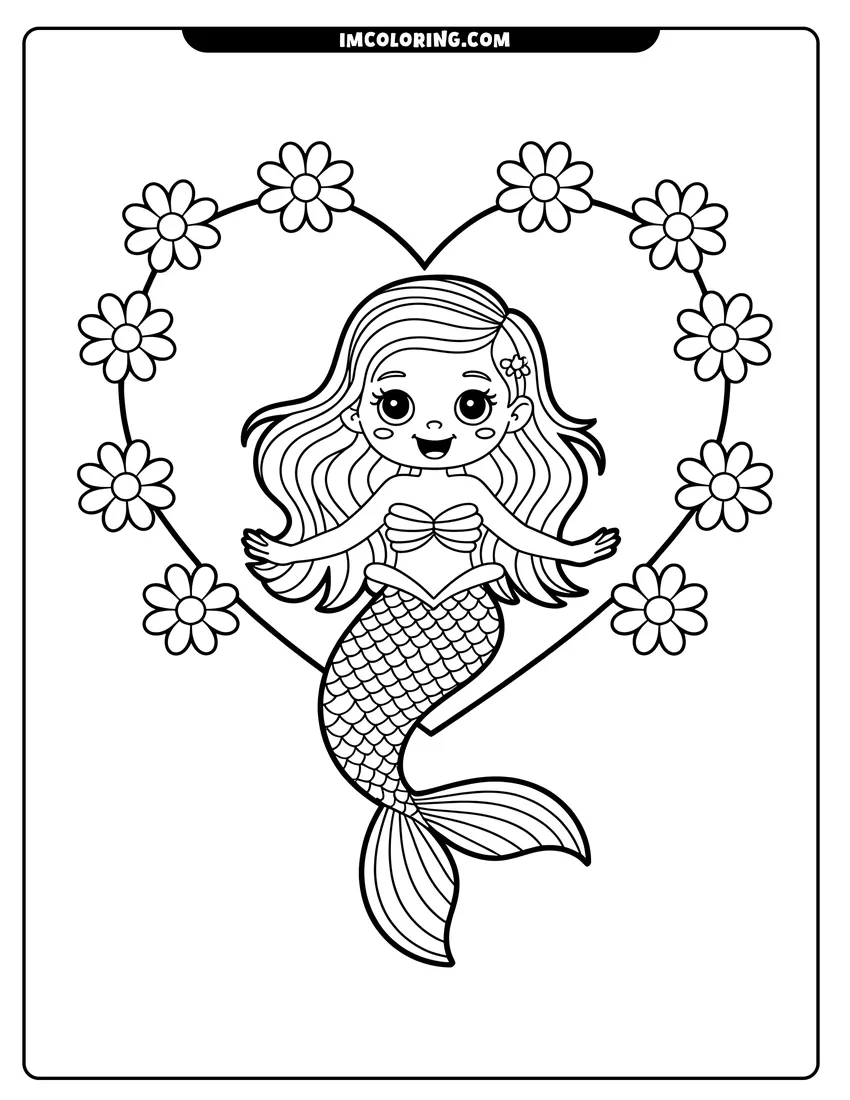 Black and white line art of A cute cartoon mermaid with long hair smiling inside a heart-shaped frame of daisies