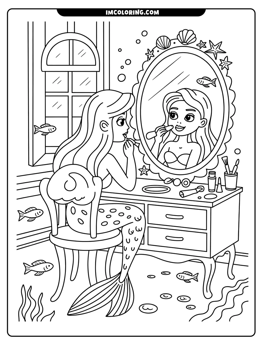 Printable coloring page of A mermaid sitting at a vanity table and applying lipstick while looking in a shell-framed oval mirror