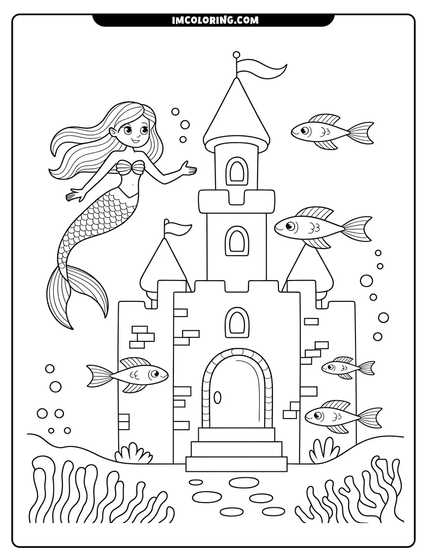 Downloadable coloring page of A happy mermaid swims beside a large underwater castle surrounded by small fish and rising bubbles