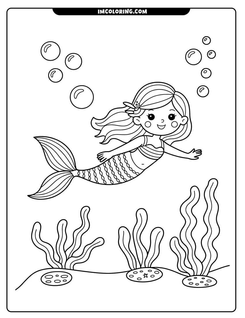 Full page coloring image of A happy cartoon mermaid swimming underwater with bubbles and seaweed on the ocean floor
