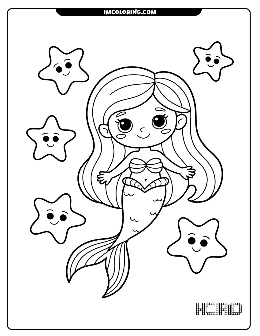 Free to print drawing of A cute chibi mermaid with long hair floating in the sea surrounded by five smiling cartoon starfish characters