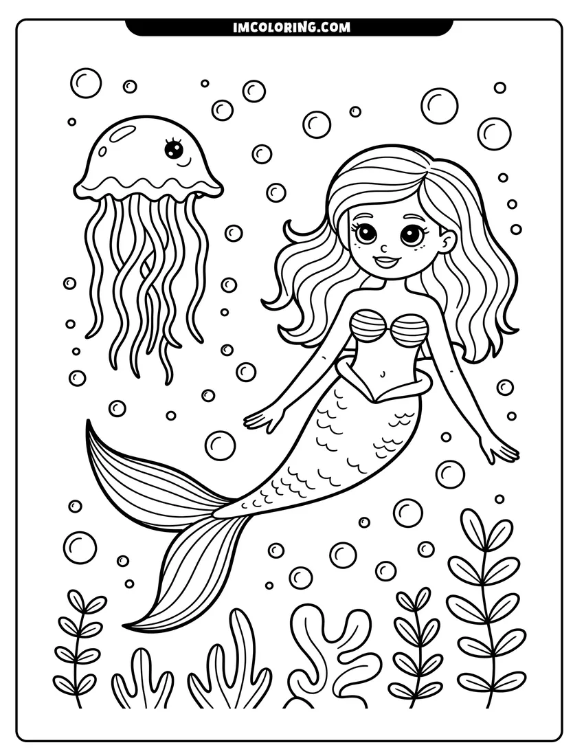 Simple sketch of A cute cartoon mermaid with long hair swims underwater next to a jellyfish surrounded by bubbles and seaweed to color