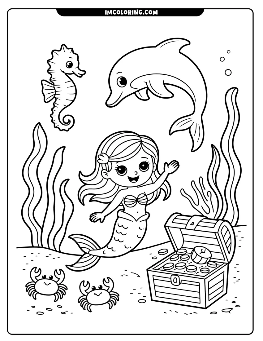 Coloring page for kids: A cartoon mermaid waves near a treasure chest with a dolphin, seahorse, and crabs underwater