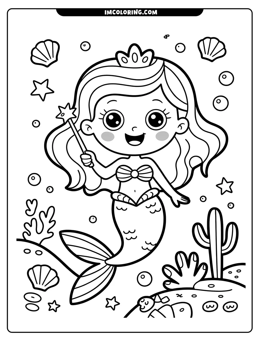 Coloring page of A cute cartoon mermaid wearing a crown and holding a star wand, surrounded by shells and coral underwater