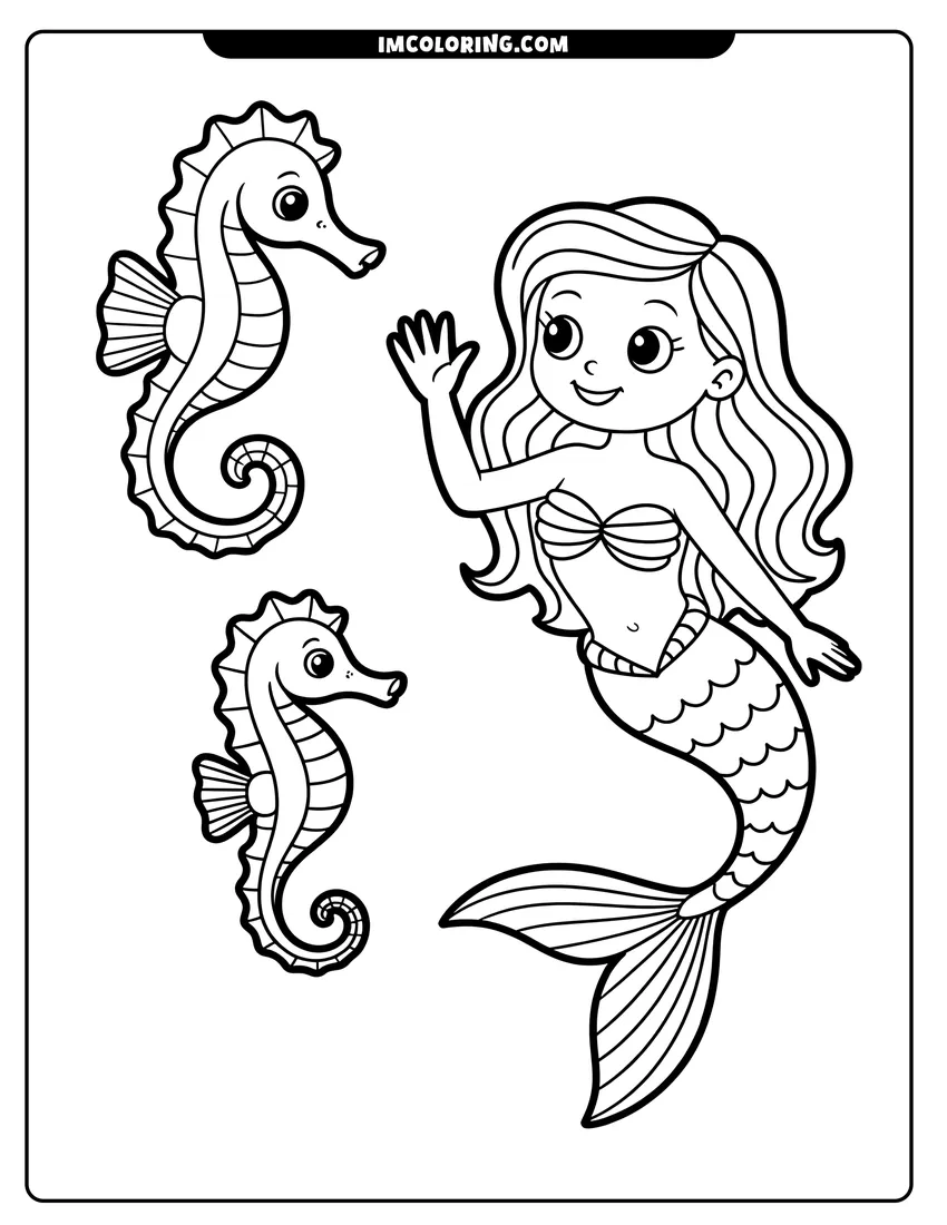 Free printable coloring sheet of A cute cartoon mermaid waving her hand alongside two small seahorses with thick black outlines