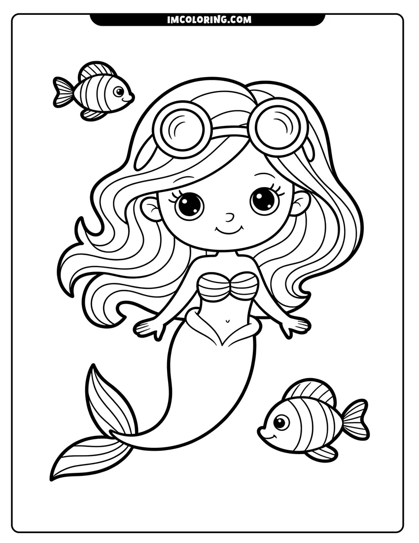 Clean line drawing: A cute chibi mermaid wearing goggles on her head swimming alongside two small striped fish underwater