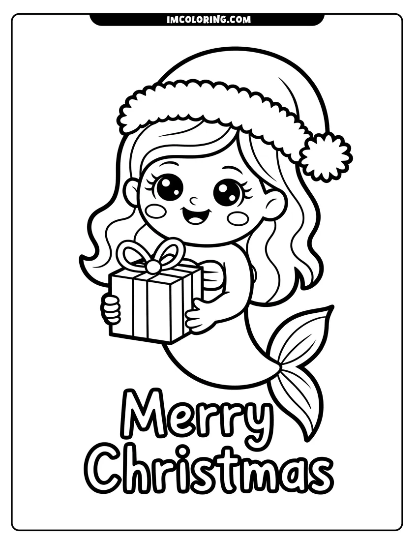 Full page coloring image of A cute cartoon mermaid wearing a Santa hat and holding a gift box above the words Merry Christmas