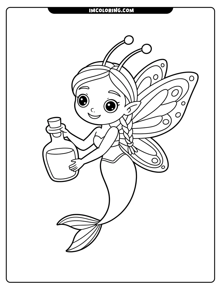 Full page coloring image of Cute mermaid with butterfly wings and an antenna holding a bottle of magic potion