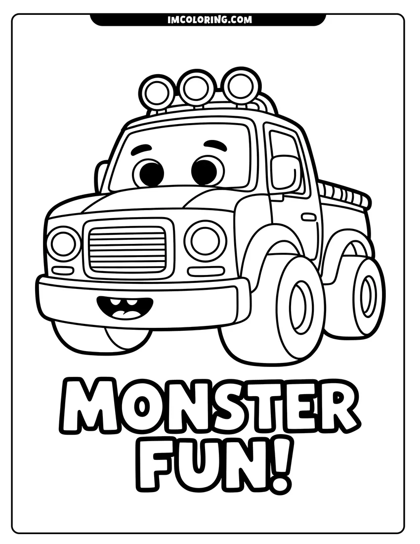 Outline drawing of A cute cartoon monster truck with large wheels, a friendly face, and lights on top, smiling happily