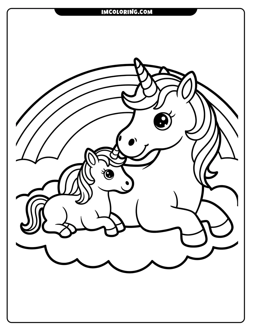 Black and white line art of A mother unicorn and her baby foal resting on a cloud in front of a large rainbow