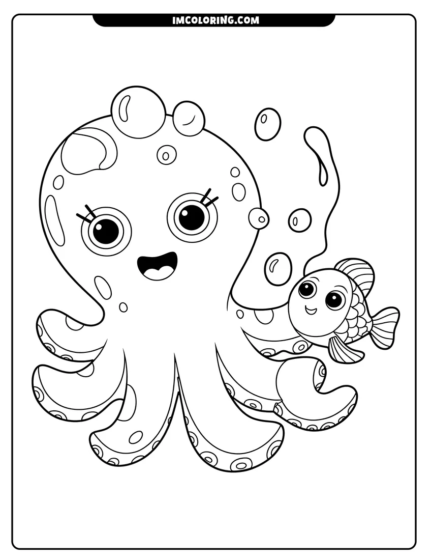 Printable line art of A happy cartoon octopus with large eyes and eyelashes smiling while swimming next to a small fish
