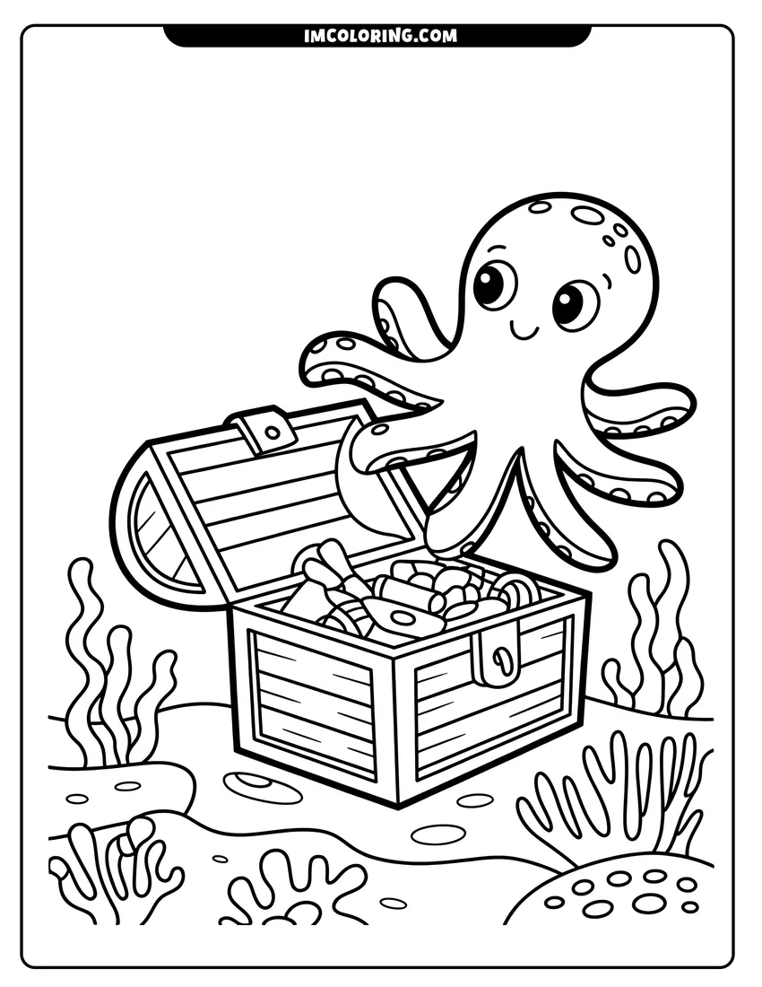 Coloring page of A cute cartoon octopus smiles while swimming over an open treasure chest filled with gold under the sea