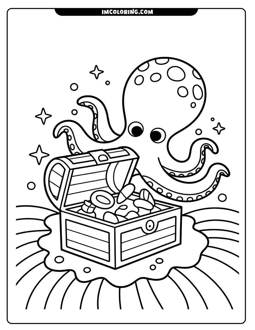 Black and white line art of A cute cartoon octopus smiling behind an open treasure chest filled with gold coins and jewelry underwater