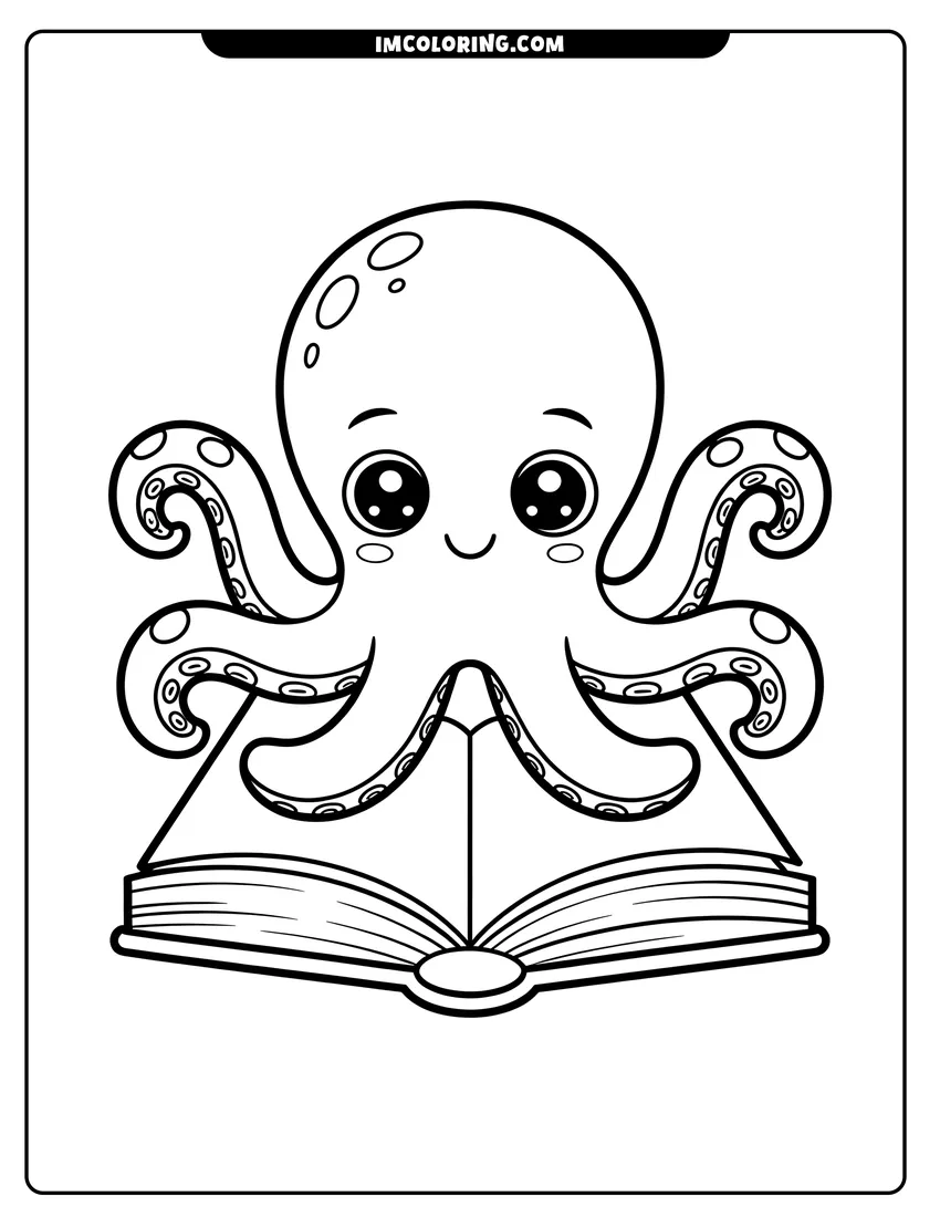Doodle style coloring picture of A cute cartoon octopus with large eyes reading an open book with its tentacles