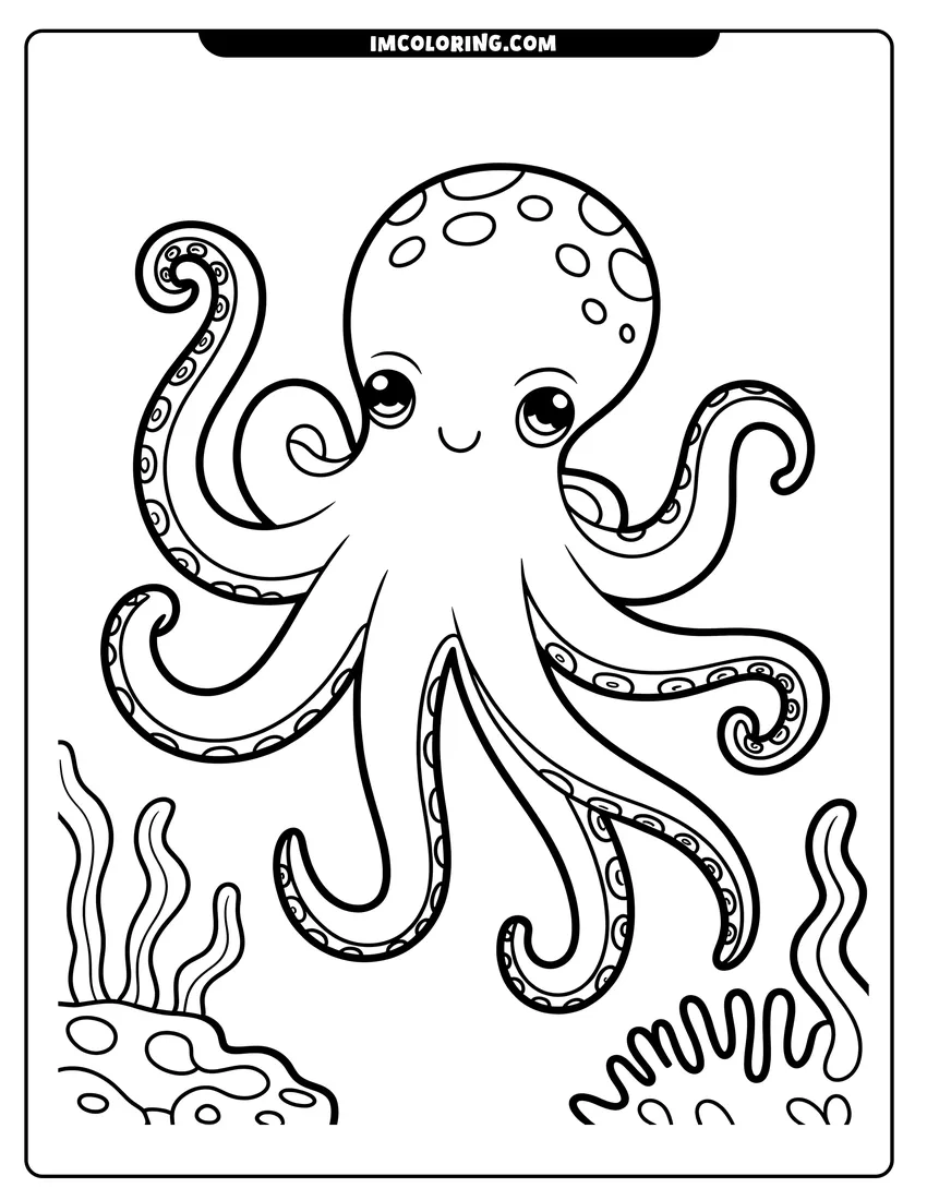 Outline drawing of A friendly cartoon octopus with large eyes and spots swimming underwater near coral reefs and seaweed