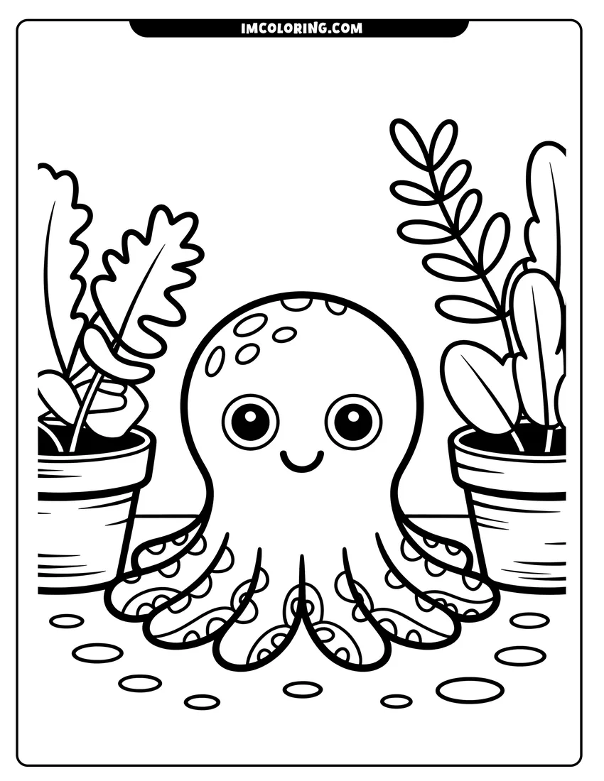 Vector style outline of Simple drawing of a happy octopus sitting on the floor between two potted plants with large leaves