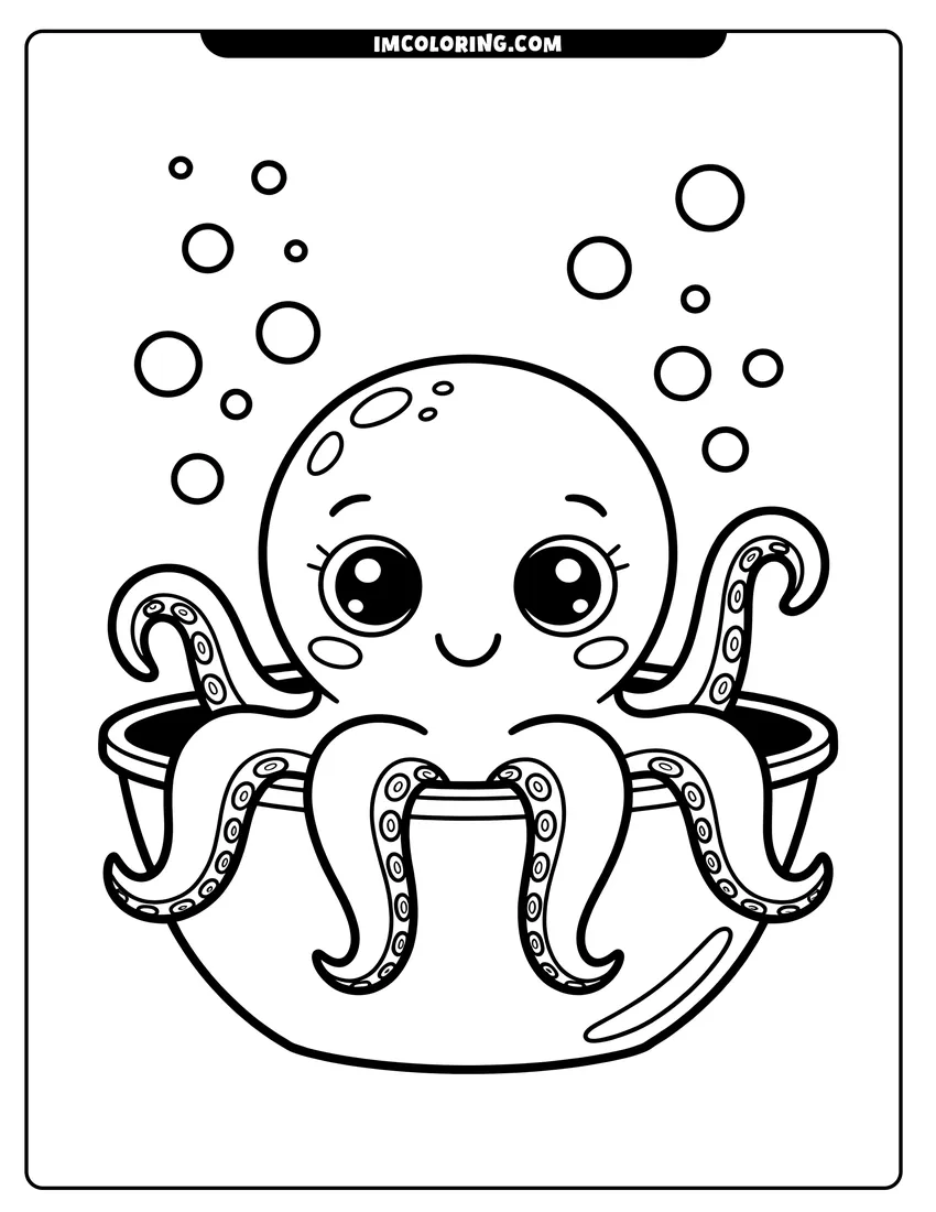 Printable coloring page of A cute cartoon octopus with large eyes sitting in a bowl surrounded by bubbles