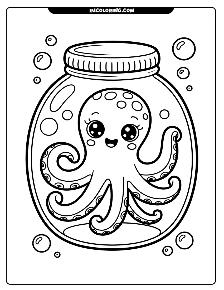 Vector style outline of A cute cartoon octopus with big eyes smiling inside a glass jar surrounded by floating bubbles