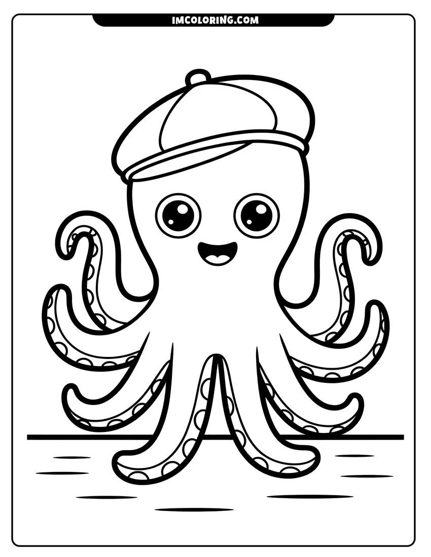 Free to print drawing of A cute cartoon octopus wearing a flat cap and smiling with its tentacles spread out on the floor