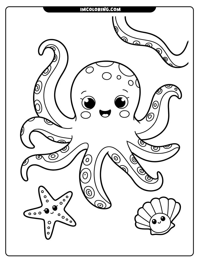 Free to print drawing of A smiling octopus with large eyes waving its tentacles alongside a friendly starfish and a pearl seashell