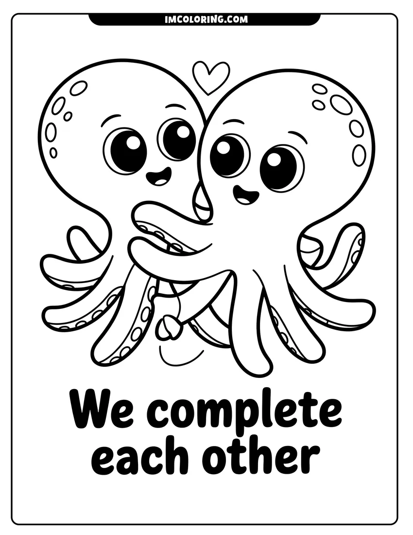 Outline drawing of Two cartoon octopuses hugging with a small heart above them and the text we complete each other