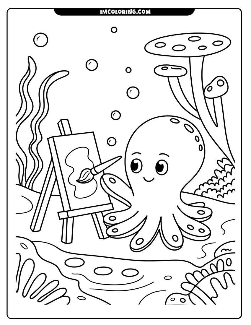 Printable coloring page of A cute octopus holding a paintbrush and painting on an easel underwater with bubbles and sea plants