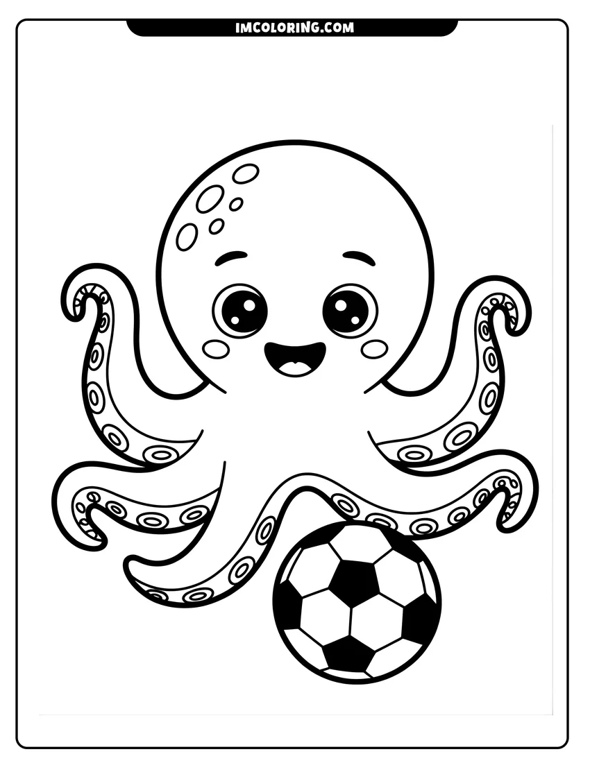 Simple sketch of A cartoon octopus with big eyes and a happy smile playing with a black and white soccer ball to color