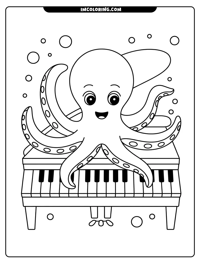 Full page coloring image of A happy cartoon octopus playing a piano under the sea with bubbles floating around its eight arms