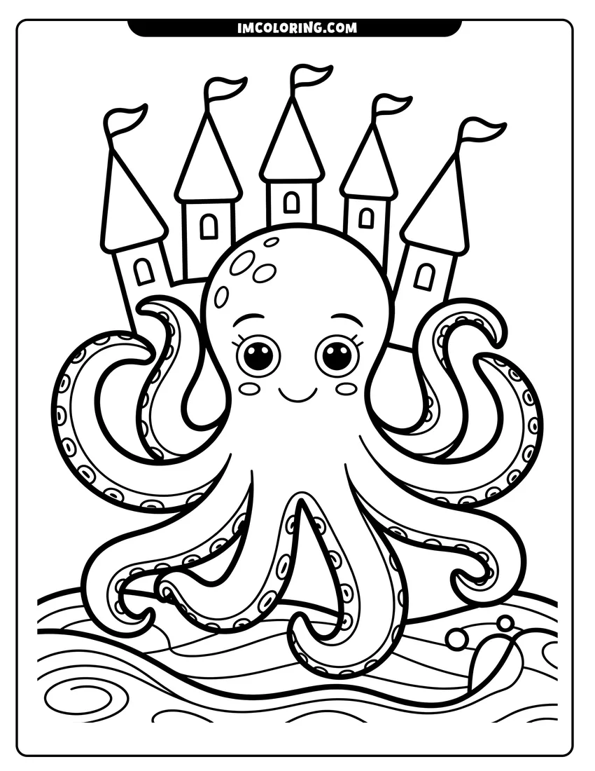 Doodle style coloring picture of A cute cartoon octopus with large eyes smiling in front of a sandcastle with five flag towers