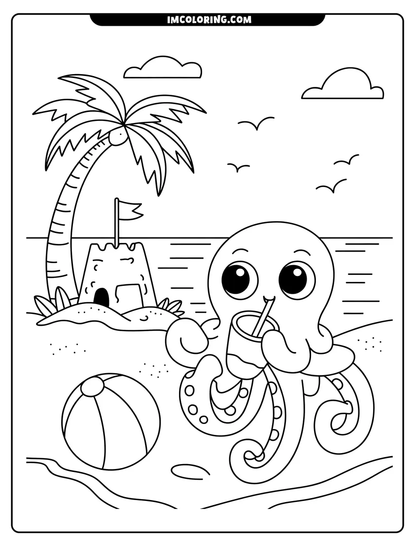 Simple sketch of A cute octopus drinking through a straw on a beach next to a sandcastle and palm tree to color