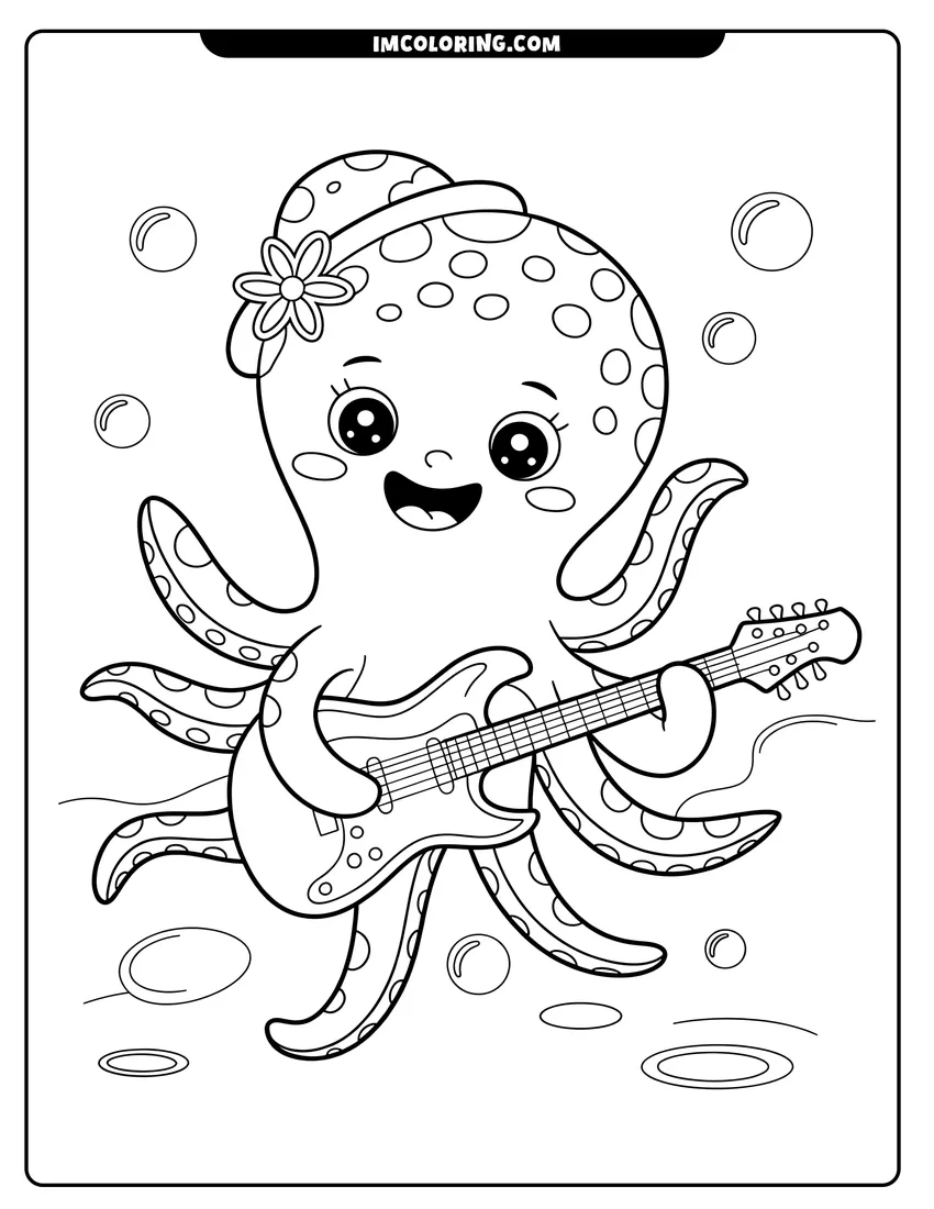 High quality printable A cute cartoon octopus with a flower hat playing an electric guitar underwater surrounded by floating bubbles for coloring