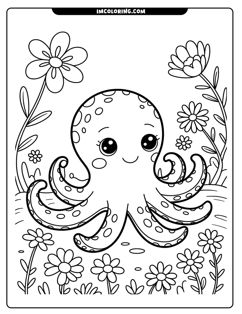 PDF style coloring page: A cute cartoon octopus with big eyes smiling while surrounded by various flowers in an underwater garden scene