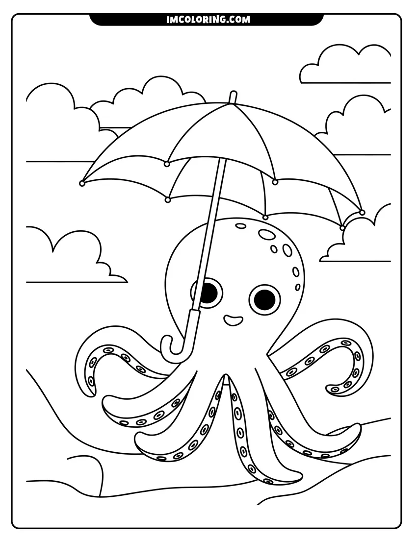 Coloring page of A cartoon octopus with big eyes smiling and holding an umbrella while standing on a beach