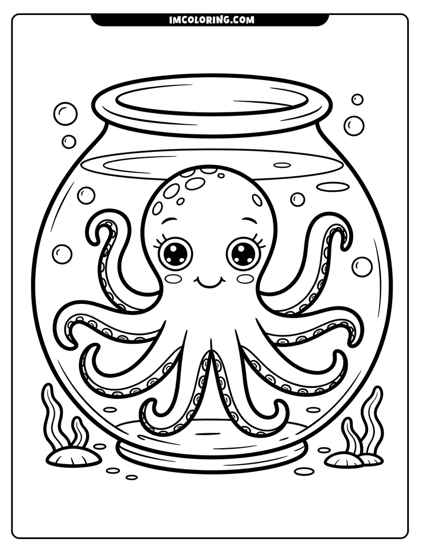 Downloadable coloring page of A cute cartoon octopus with big eyes smiling and waving its tentacles inside a round fishbowl