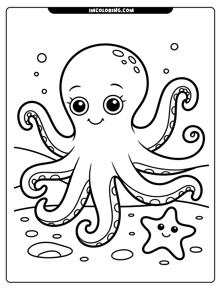 High quality printable A cute cartoon octopus with large eyes swimming near a small smiling starfish on the ocean floor for coloring