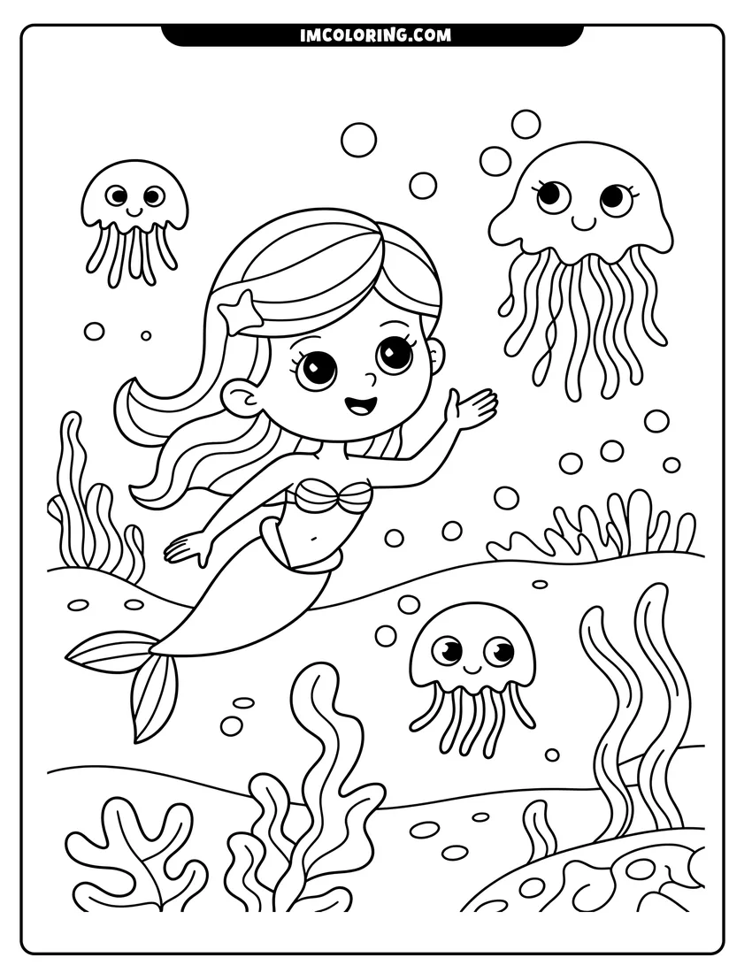 Coloring page for kids: A cheerful cartoon octopus with eight arms swimming near coral and small bubbles in the deep blue ocean