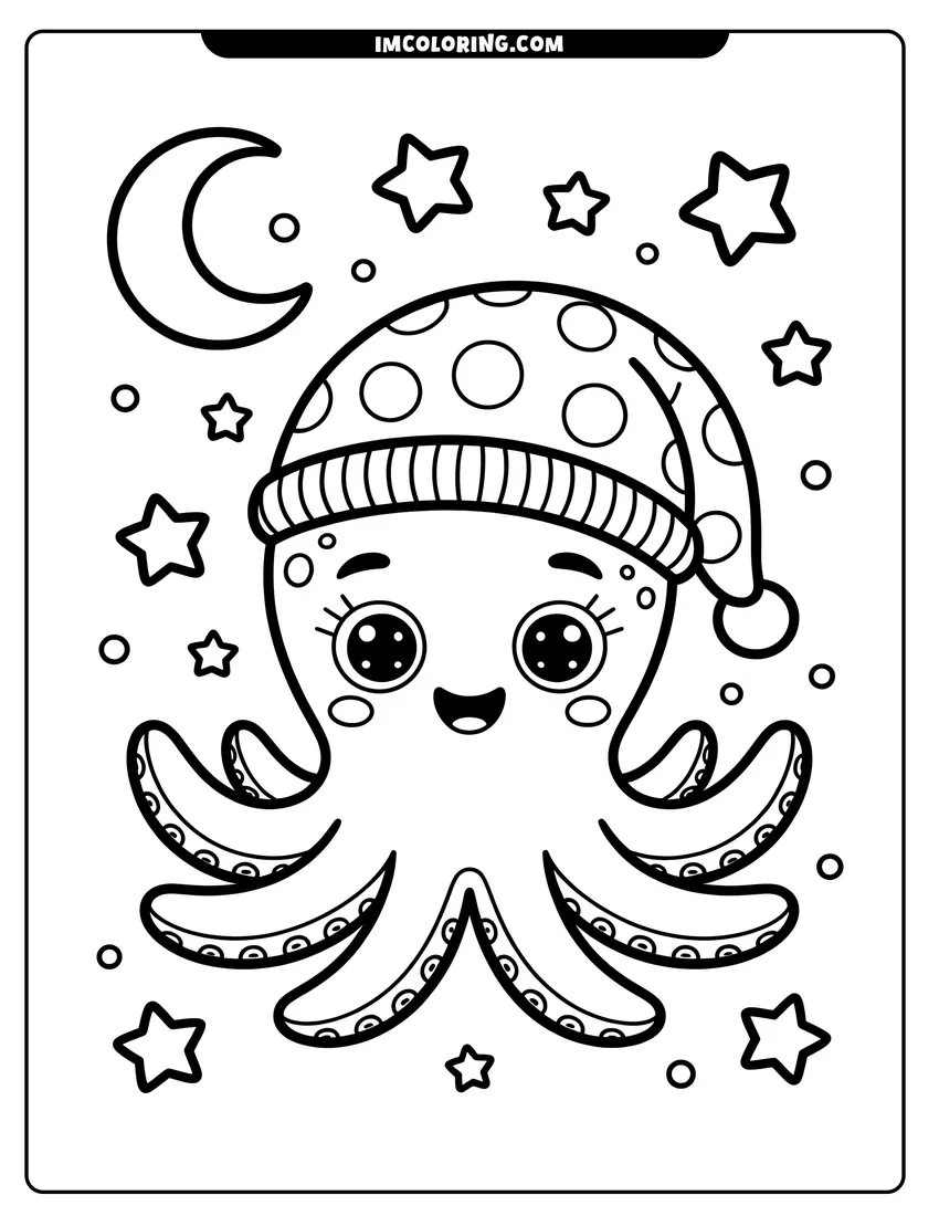 Free printable coloring sheet of A cute cartoon octopus wearing a polka-dot sleeping cap surrounded by stars and a crescent moon
