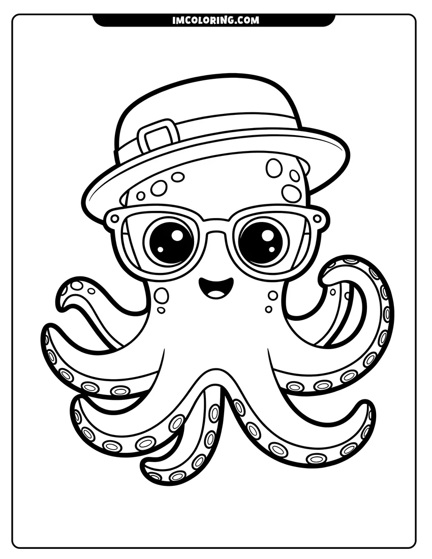 Free printable coloring sheet of A happy octopus wearing a fedora hat and thick-rimmed glasses with its many tentacles spread wide