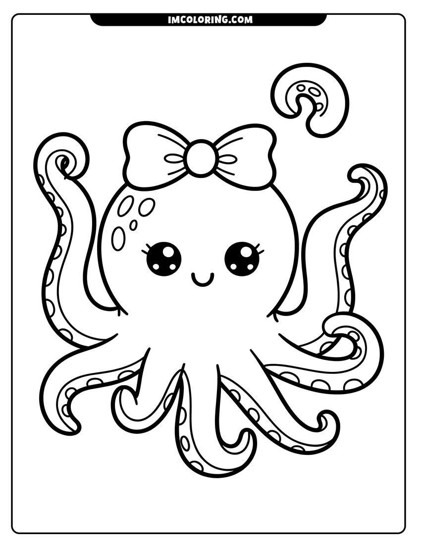 Coloring page for kids: A kawaii octopus with a large hair bow and big sparkly eyes smiling with eight wavy tentacles