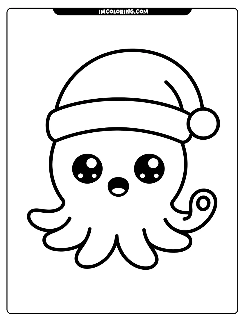 Coloring page for kids: A cute cartoon octopus wearing a Santa hat with large eyes and a surprised expression