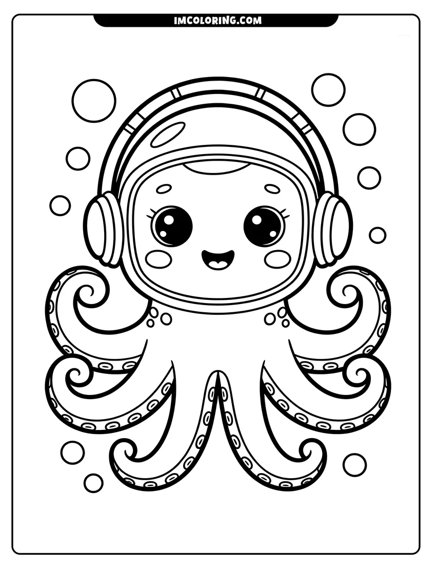 Black and white line art of A smiling kawaii octopus wearing a space helmet and large headphones surrounded by floating bubbles underwater