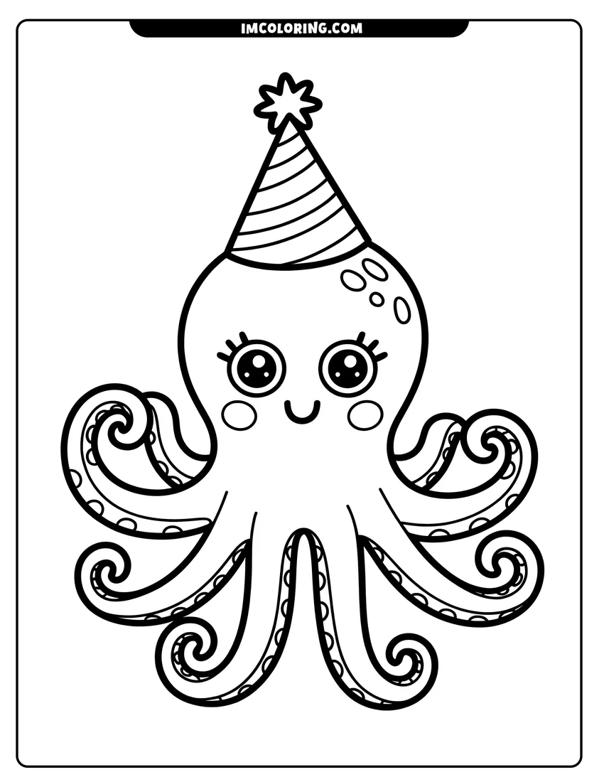PDF style coloring page: A cute cartoon octopus with big eyes wearing a striped party hat with a star on top