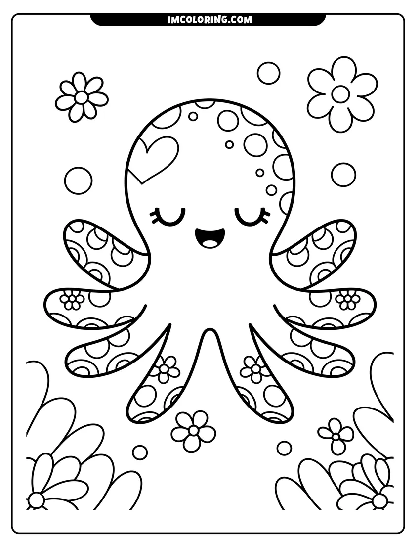Simple sketch of A smiling octopus with patterns on its tentacles surrounded by bubbles and flowers in an underwater garden scene to color