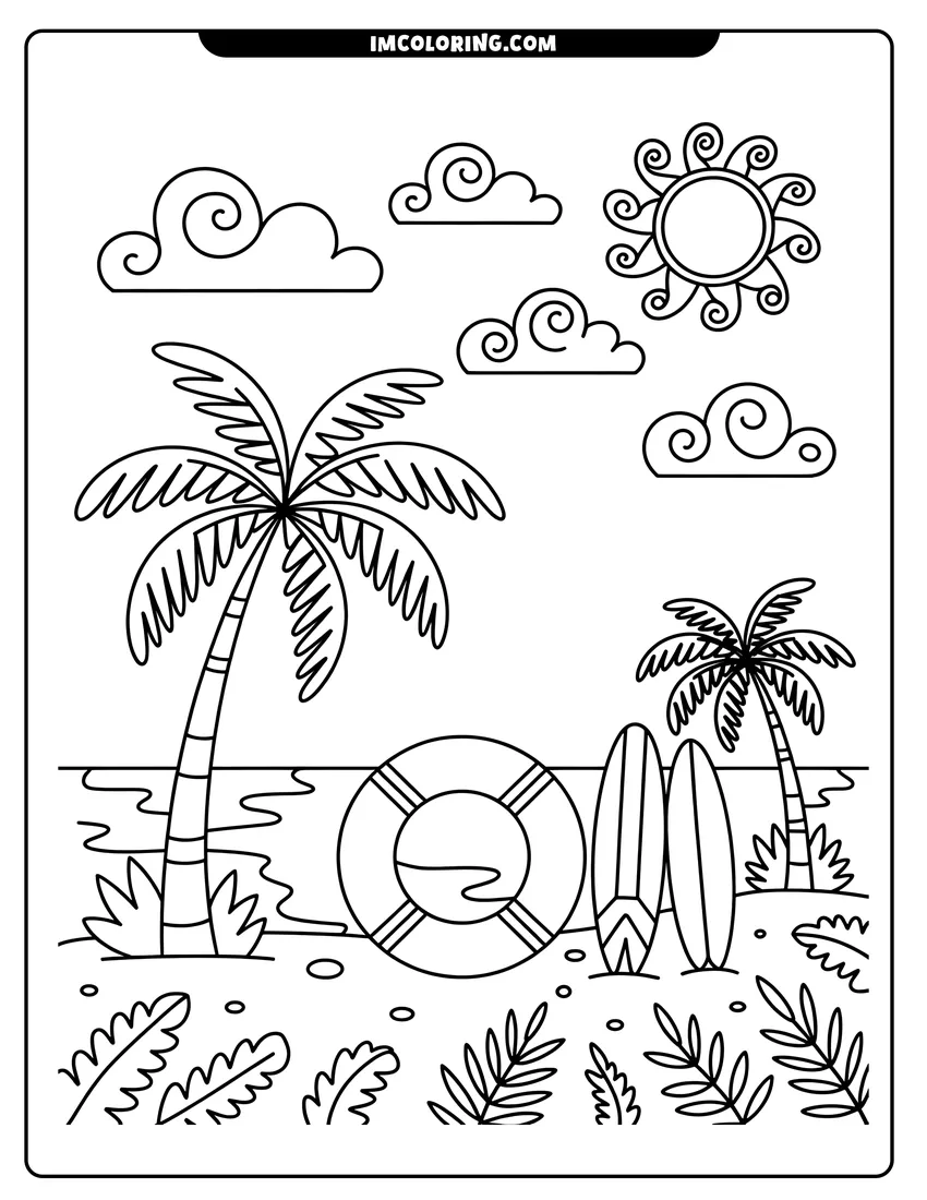 Downloadable coloring page of A tropical beach scene with palm trees, two surfboards, a lifebuoy, and a bright swirly sun above