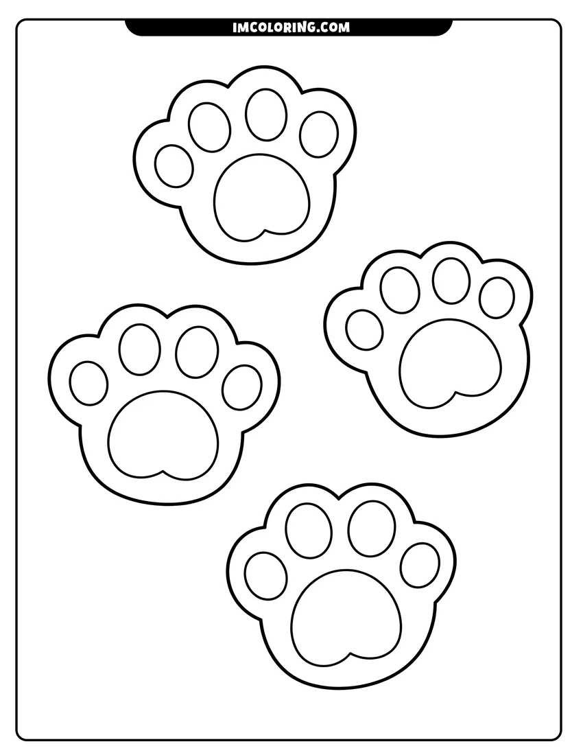 Printable coloring page of Four simple dog paw prints with thick outlines arranged in a playful pattern on a white background